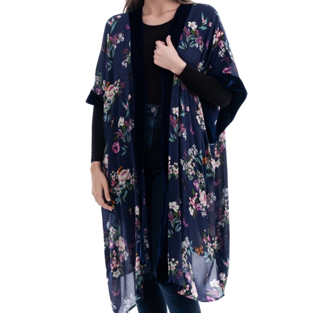 INC International Concepts Women Kimono Cardigan Wrap Blue Floral OS Velvet Trim